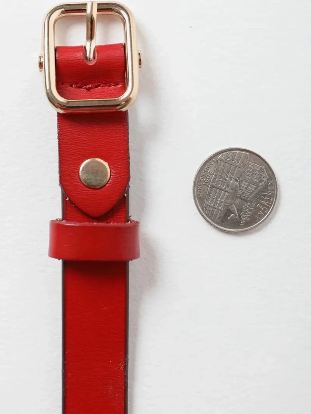 Red Slim Leather Belt with Gold Buckle